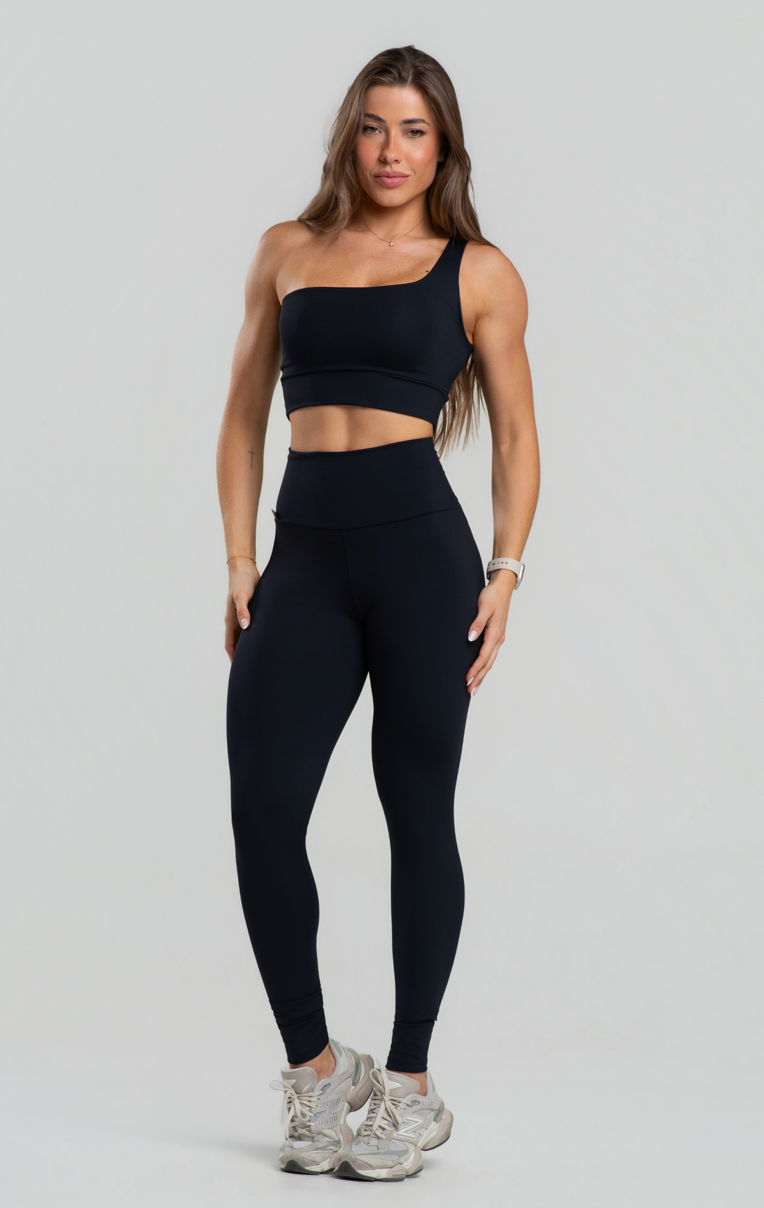 Conjunto Fitness Feminino Legging Reforçada Cós Alto Poliamida Zero Transparência, Top Assimétrico