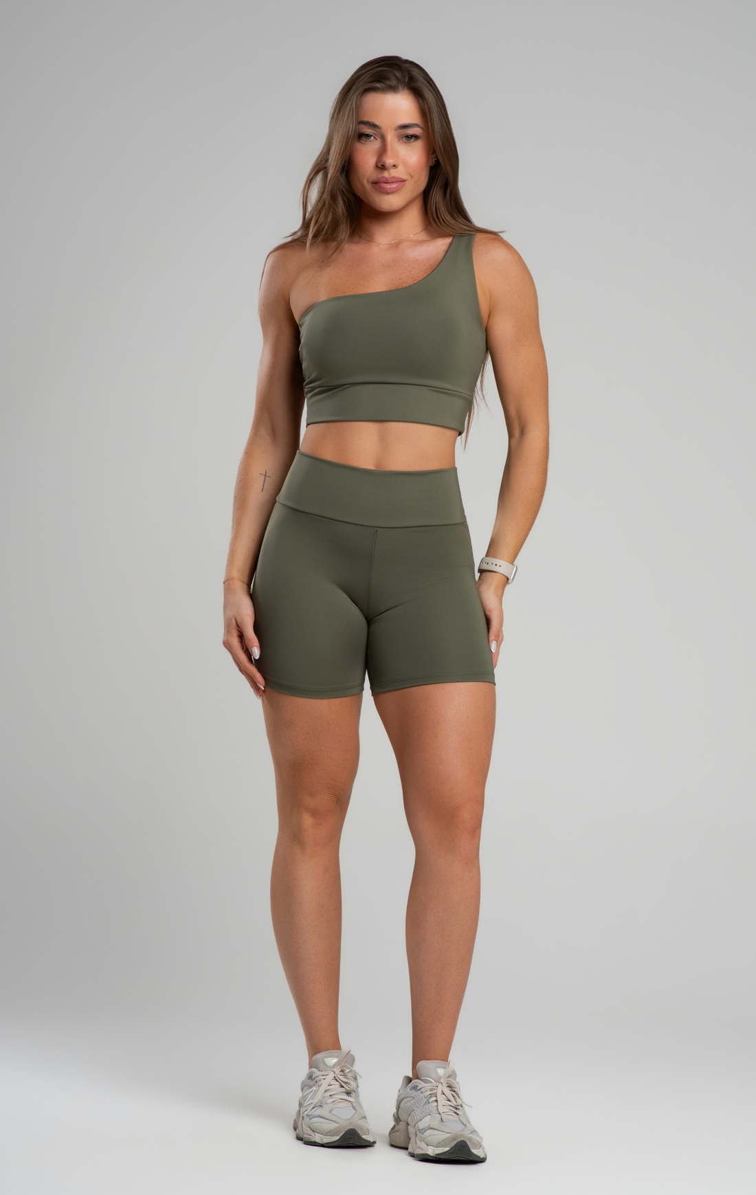 Conjunto Fitness Feminino Short Cós Alto Poliamida Zero Transparência, Top Assimétrico