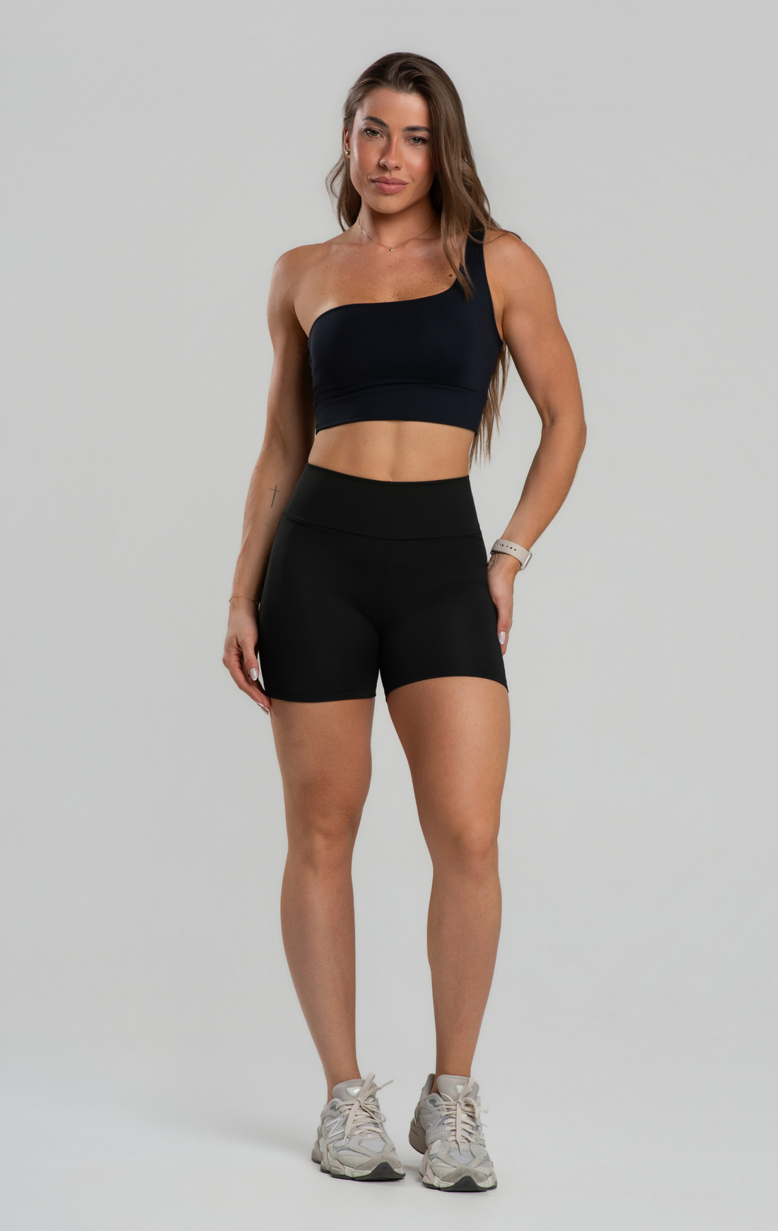 Conjunto Fitness Feminino Short Cós Alto Poliamida Zero Transparência, Top Assimétrico