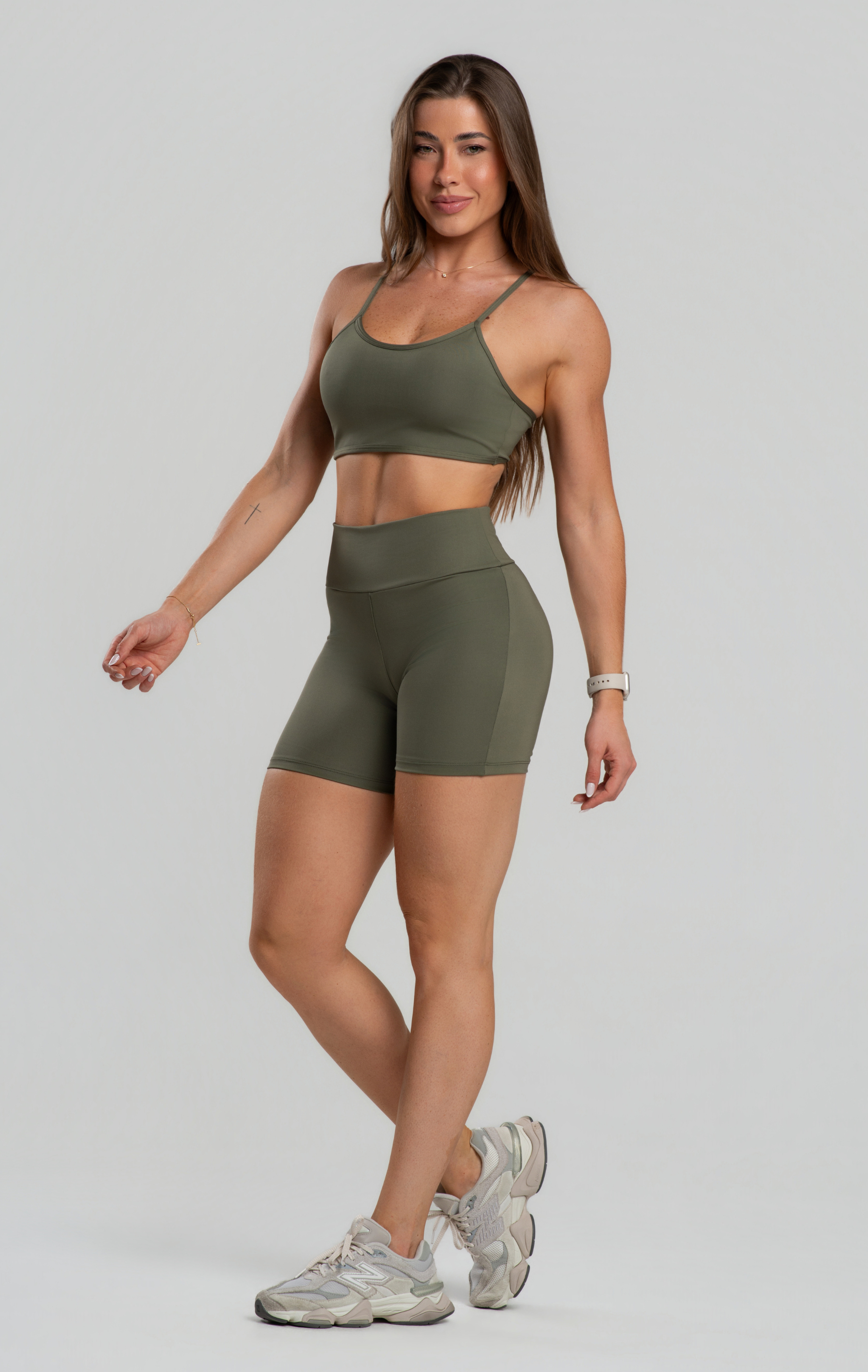 Conjunto Fitness Feminino Short Cós Alto Poliamida Zero Transparência, Top Tiras