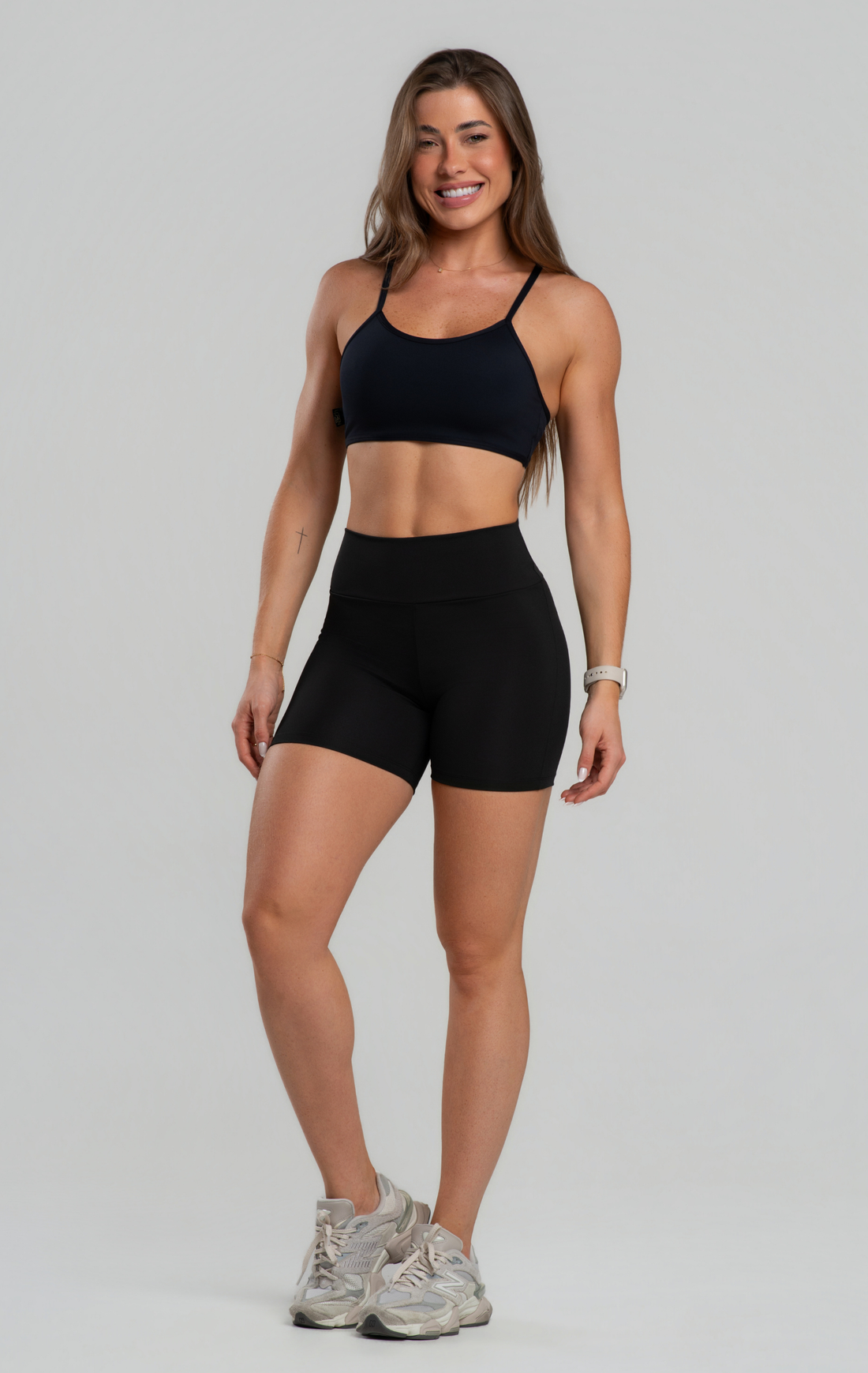 Conjunto Fitness Feminino Short Cós Alto Poliamida Zero Transparência, Top Tiras