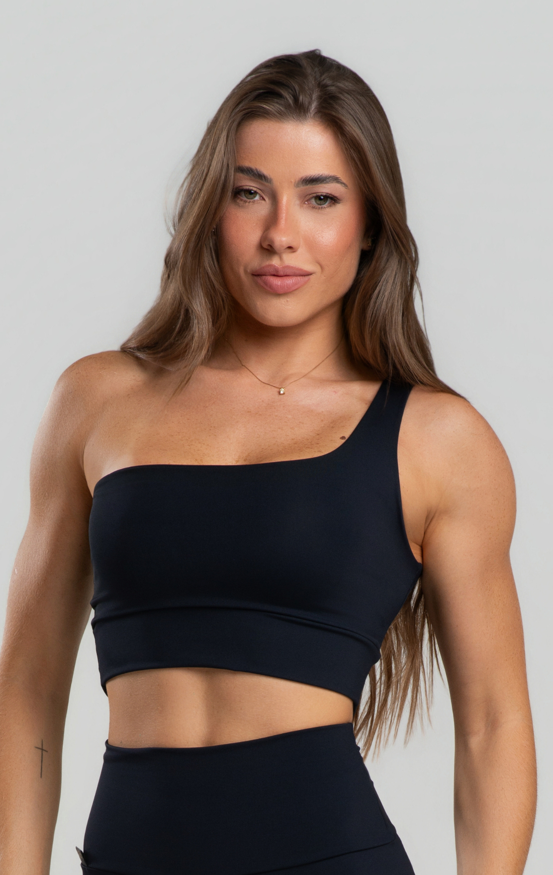 Top Fitness Feminino Pala Dupla Com Elastico Barrado Assimétrico Poliamida Zero Transparência